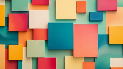 A vibrant abstract geometric background featuring overlapping squares in various colors, creating a dynamic and modern visual effect.