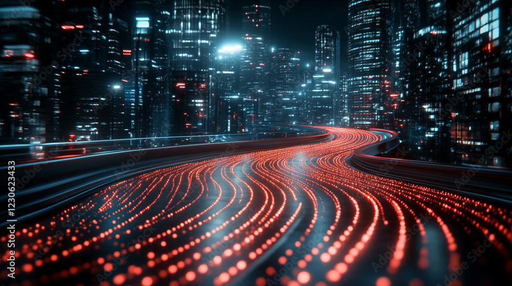 Poster abstract glowing particle lines and bokeh on dark backdrop conveying futuristic technology concept w