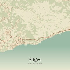 Retro Spanish map of Sitges, Catalu�a. Vintage street map.