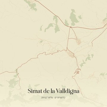Retro Spanish map of Simat de la Valldigna, Comunidad Valenciana. Vintage street map.