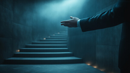 A silhouette of a businessman climbing stairs symbolizing ambition, success, and growth with a minimalist bright light tone background and an empty caption space for future aspirations


