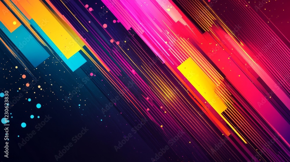 Poster a vivid abstract design featuring dynamic lines and colorful geometric shapes, creating a sense of m