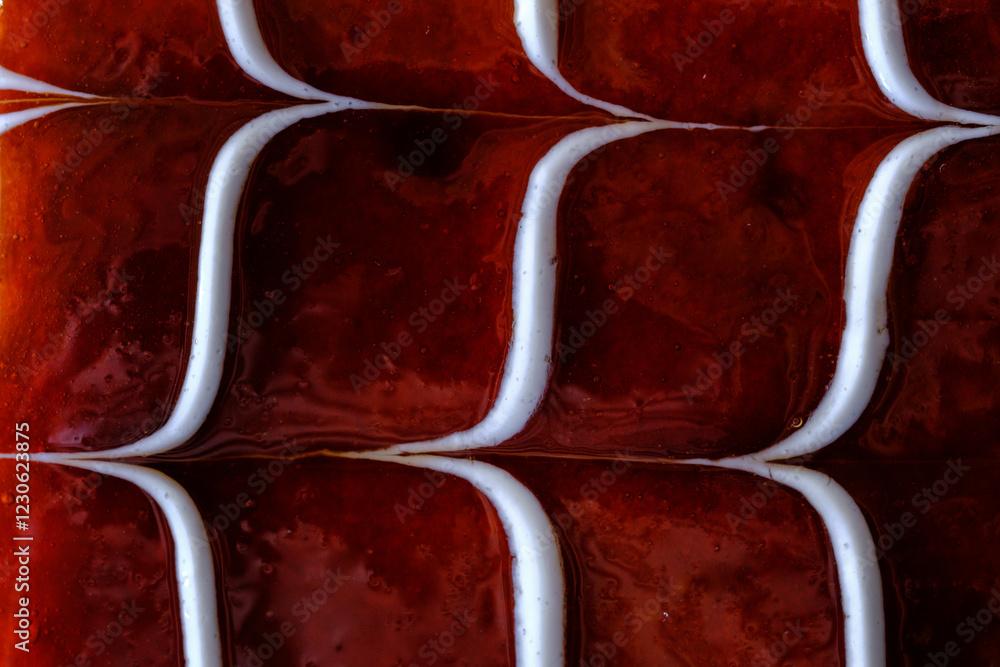 Poster abstract close up of a glossy surface with a wave pattern rich in dark red and white