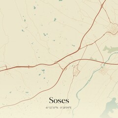 Retro Spanish map of Soses, Catalu�a. Vintage street map.