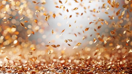 A large pile of gold leaves is falling from the sky