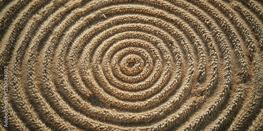 Poster a carpet with a circular pattern. the carpet is brown and has a lot of texture. the pattern is very 