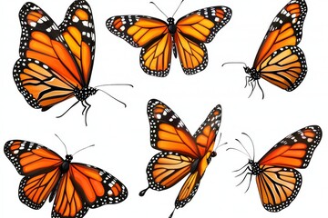Set of large monarch butterflies, isolated on white background