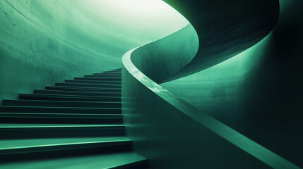 Obraz premium Minimalist modern staircase with curved design, soft lighting, and green tones in architectural interior