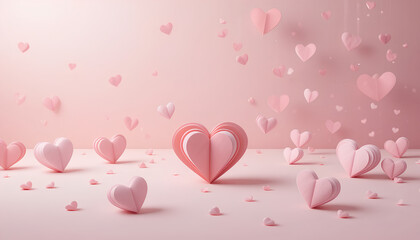 3D paper hearts scattered on a pastel pink canvas A warm and romantic design for holiday and greeting card visuals