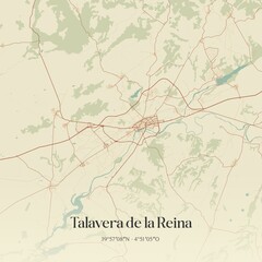 Retro Spanish map of Talavera de la Reina, Castilla-La Mancha. Vintage street map.