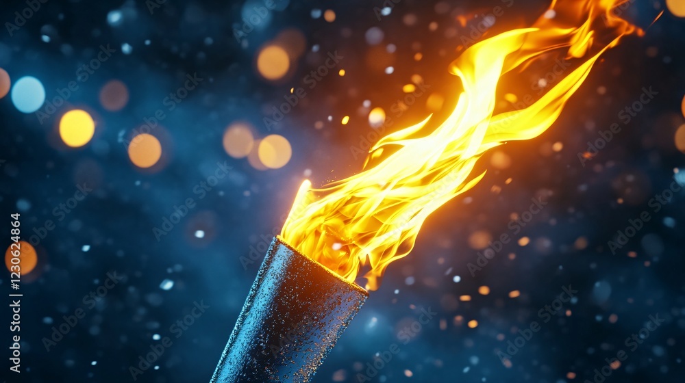 Poster a vivid flame leaping from a torch against a blurred blue and gold bokeh background, creating a mesm