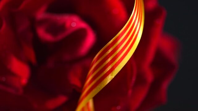 Red rose and a flag of Catalonia, Sant Jordi art design, Catalan tradition. Gift. Saint George Day, Spain. 
