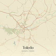 Retro Spanish map of Toledo, Castilla-La Mancha. Vintage street map.