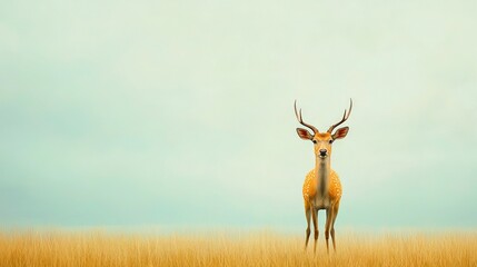 Naklejka premium A deer standing in the middle of a dry grass field against a light blue sky background