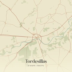 Retro Spanish map of Tordesillas, Castilla y Le�n. Vintage street map.