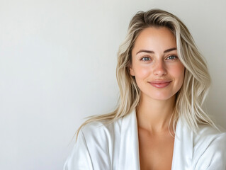 Fototapeta premium Smiling woman in a white robe against a neutral background