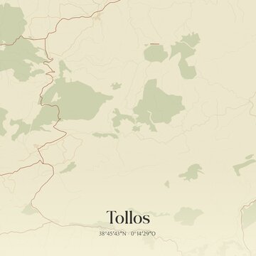 Retro Spanish map of Tollos, Comunidad Valenciana. Vintage street map.