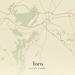 Retro Spanish map of Toro, Castilla y Le�n. Vintage street map.