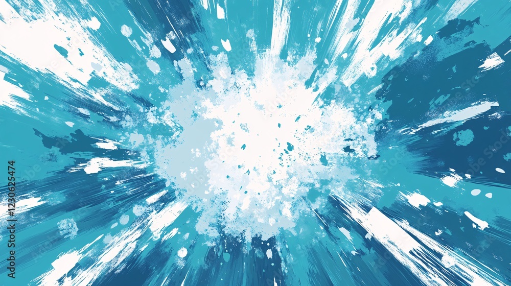 Poster an abstract burst of turquoise and white colors, creating a dynamic, energetic visual effect.