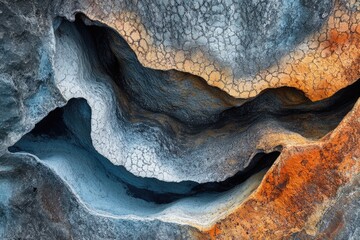 Obraz premium Abstract rock formation with deep crevices, showcasing a blend of blue, orange, and grey tones.