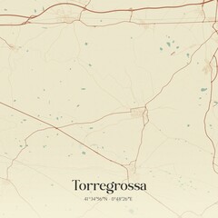 Retro Spanish map of Torregrossa, Catalu�a. Vintage street map.