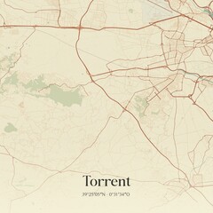 Retro Spanish map of Torrent, Comunidad Valenciana. Vintage street map.