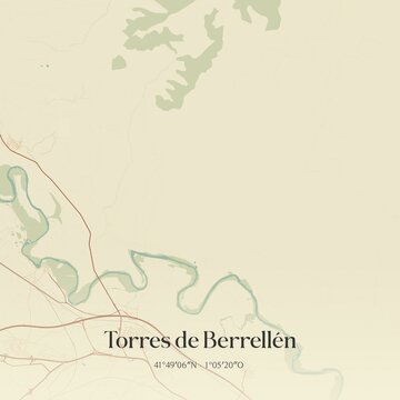 Retro Spanish map of Torres de Berrell�n, Arag�n. Vintage street map.