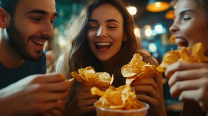 Closeup image of friends eating and sharing potato chips together