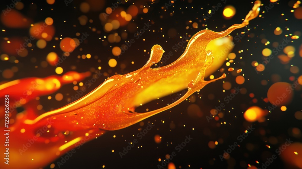 Poster Golden Liquid Splashing Dynamically Across Dark Background