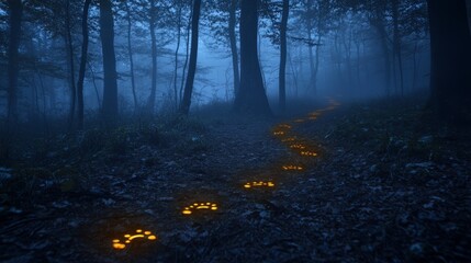 Fototapeta premium A mystical forest scene with glowing animal footprints illuminating a path through the misty woods at twilight.