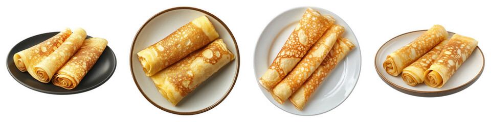 French crepes roll in a plate isolated on transparent background, PNG, set of