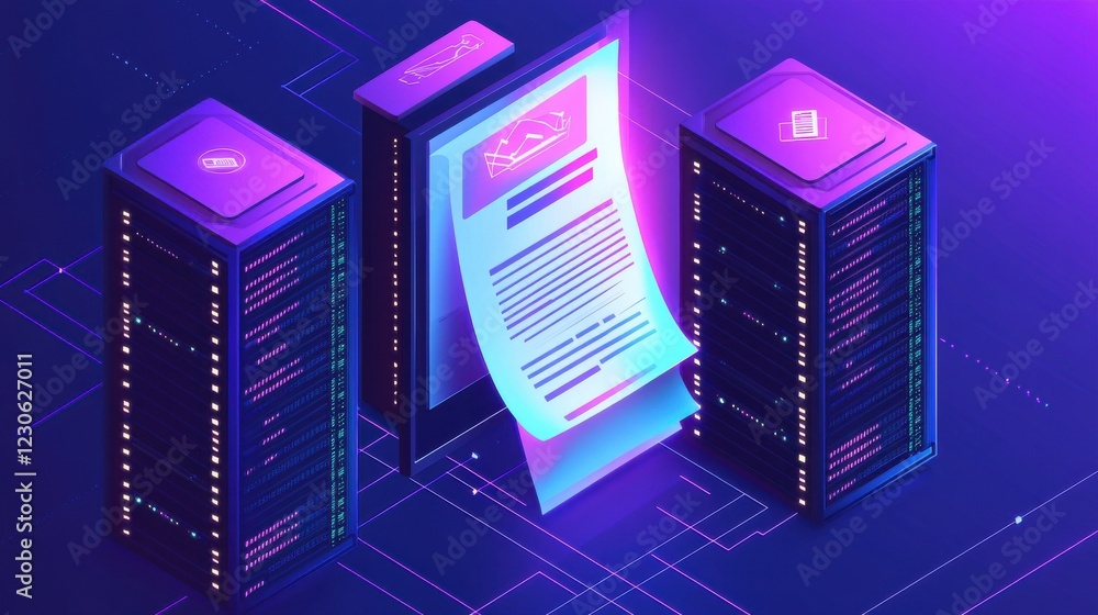 Poster digital payroll management: a futuristic server room setting with a holographic icon depicting a pay