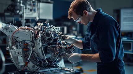 A detailed view of an aerospace engineer testing aircraft components in a testing hangar, Aerospace testing scene, Flight testing style