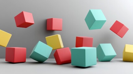 Obraz premium Colorful cubes falling on grey background.