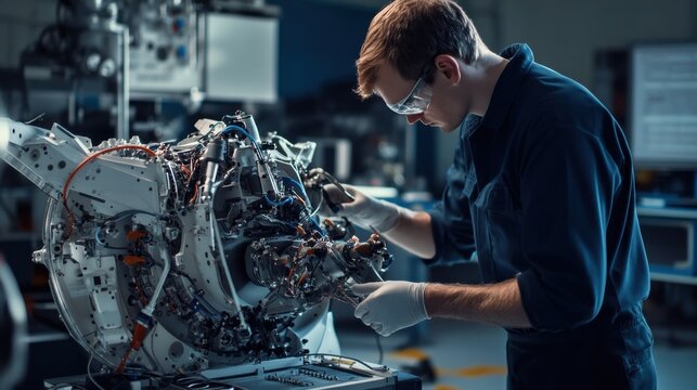 A detailed view of an aerospace engineer testing aircraft components in a testing hangar, Aerospace testing scene, Flight testing style