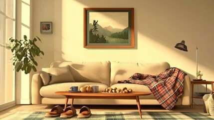 Cozy living room with a beige couch, coffee table, slippers, nuts, and a plaid blanket. A picture frame and painting hang on the wall, making it a perfect template for home decor.