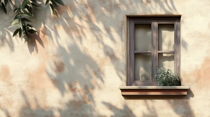 Sunlit window on a textured wall with foliage.