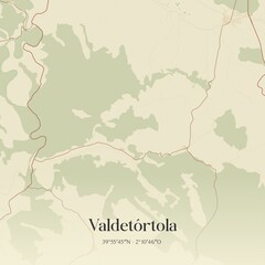 Obraz premium Retro Spanish map of Valdet�rtola, Castilla-La Mancha. Vintage street map.