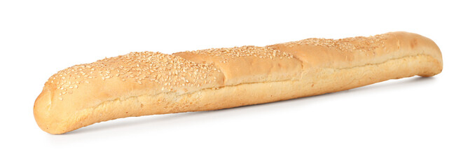 One fresh baguette with sesame isolated on white