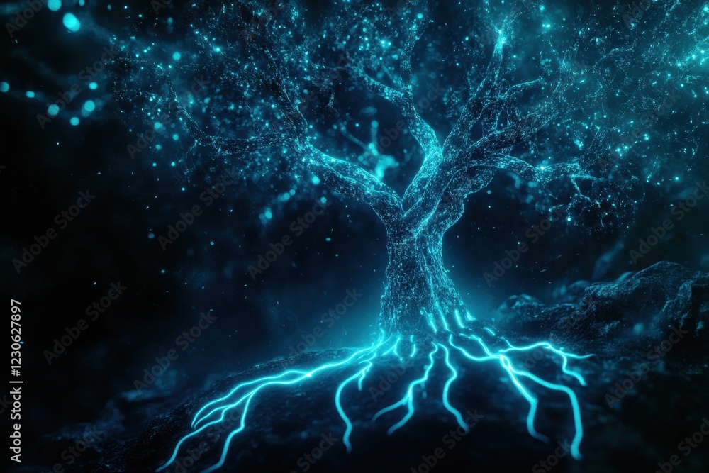 Poster enchanted glowing tree with luminous roots in a mystical forest setting