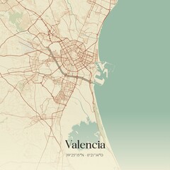 Retro Spanish map of Valencia, Comunidad Valenciana. Vintage street map.