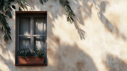 Sun-dappled wall with window box and leafy shadows.