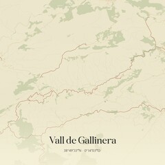 Fototapeta premium Retro Spanish map of Vall de Gallinera, Comunidad Valenciana. Vintage street map.