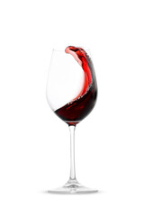 Red wine splashing in glass on white background