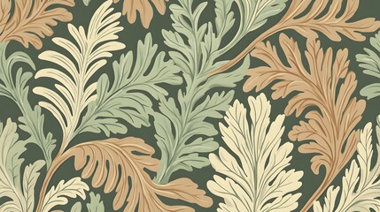 Obraz premium Elegant Green and Beige Botanical Leaf Pattern Seamless Repeat