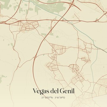 Retro Spanish map of Vegas del Genil, Andaluc�a. Vintage street map.