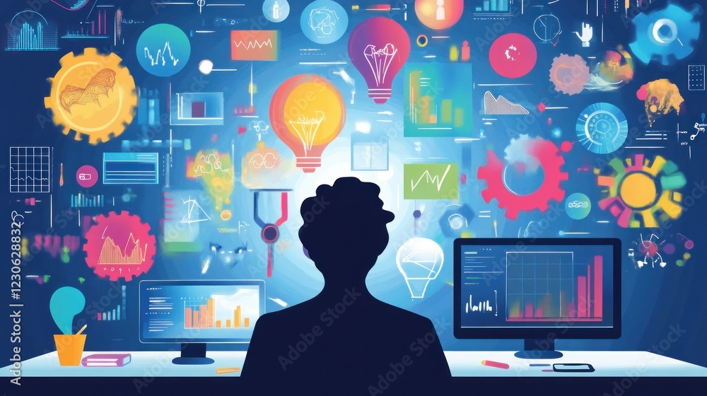 Poster person working amidst ideas data and visualizations
