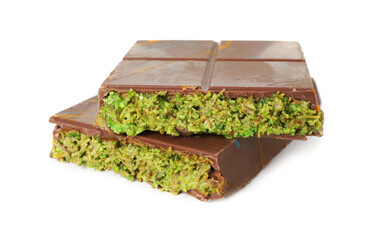 Pieces of Dubai chocolate bar with pistachio and knafeh isolated on white