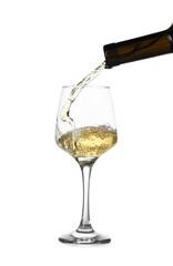 Pouring wine into glass on white background