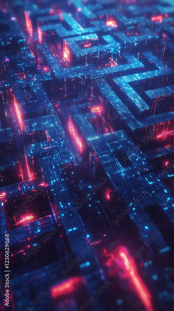 Poster exploring a vibrant digital maze of neon lights and complex patterns in technology